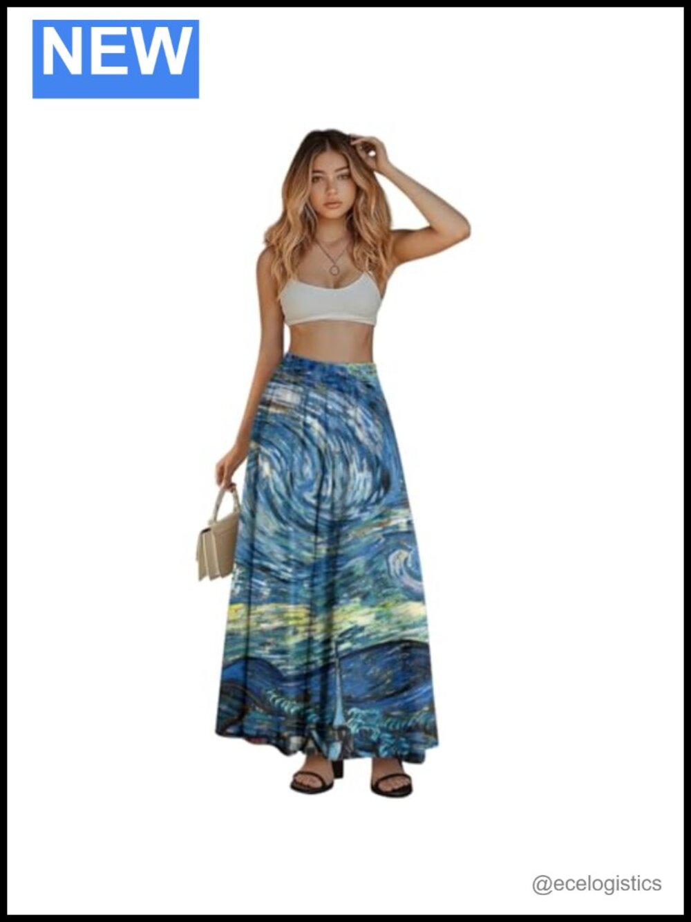 Women's Oil Painting Print Pleated High Waist Long Maxi Skirt A-Line Flowy